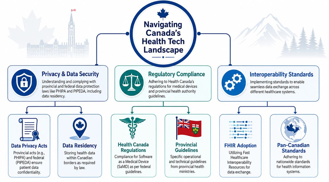 A flowchart infographic explaining the key pillars of Canada's health tech landscape, including privacy, compliance, and interoperability.