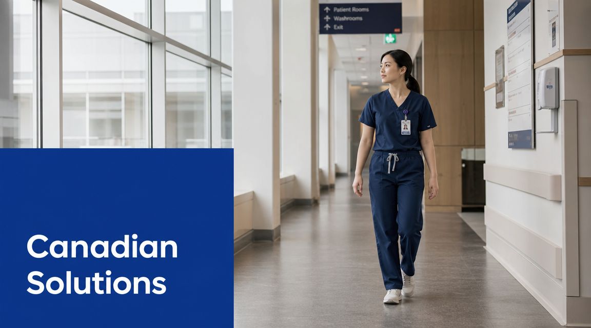 A healthcare professional walking down a bright hospital corridor with signs for patient rooms and washrooms.