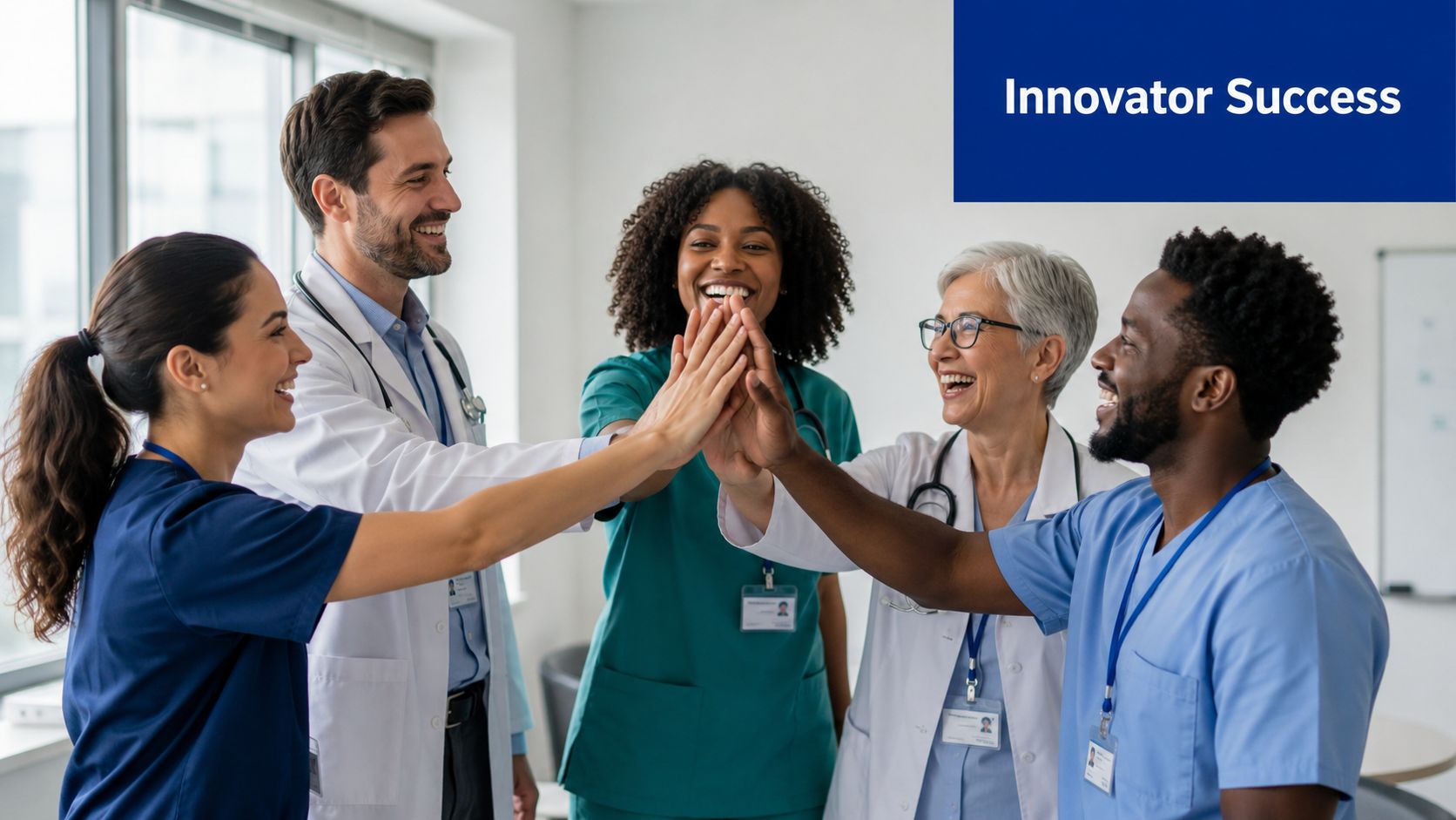 A diverse team of medical professionals high-fiving together in a bright office to signify team collaboration.