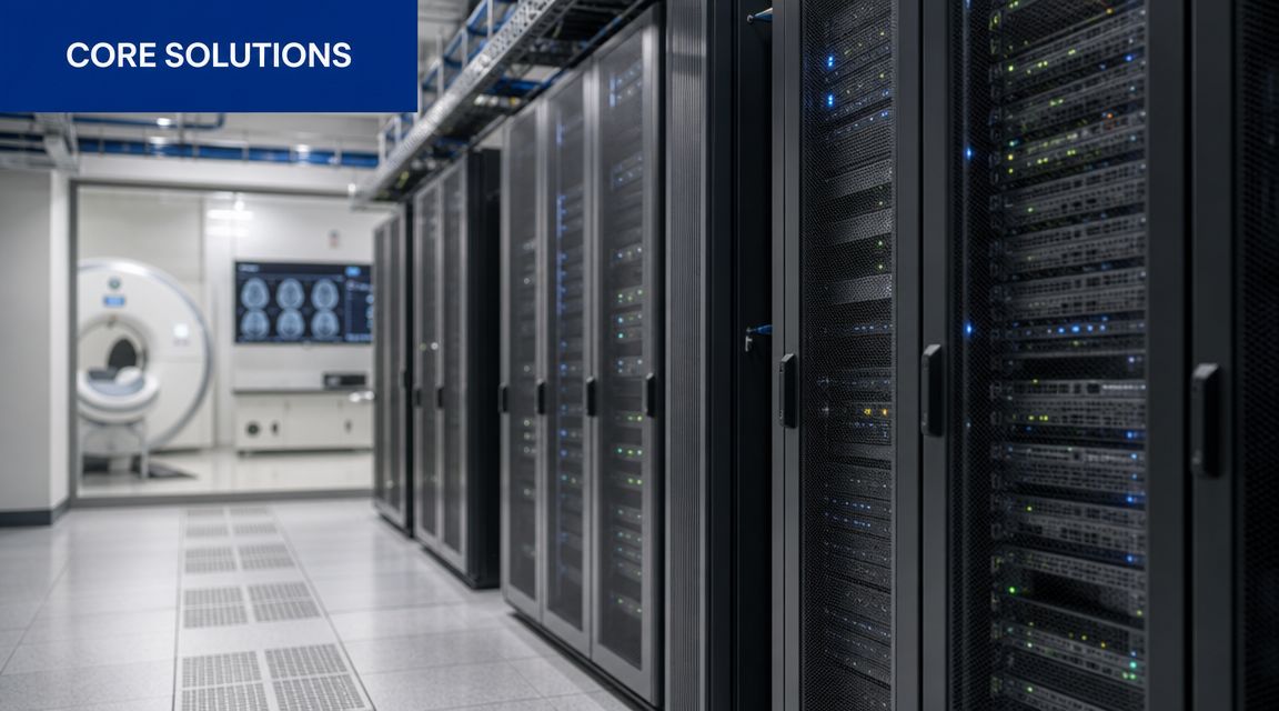 A modern data center server room featuring rows of server racks with a medical scanner in background.