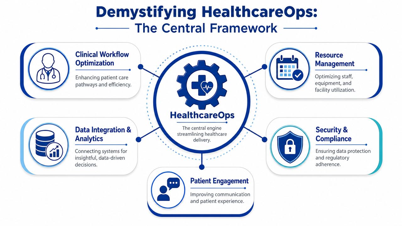 A diagram illustrating the central framework of HealthcareOps, highlighting five key pillars of efficient medical delivery systems.