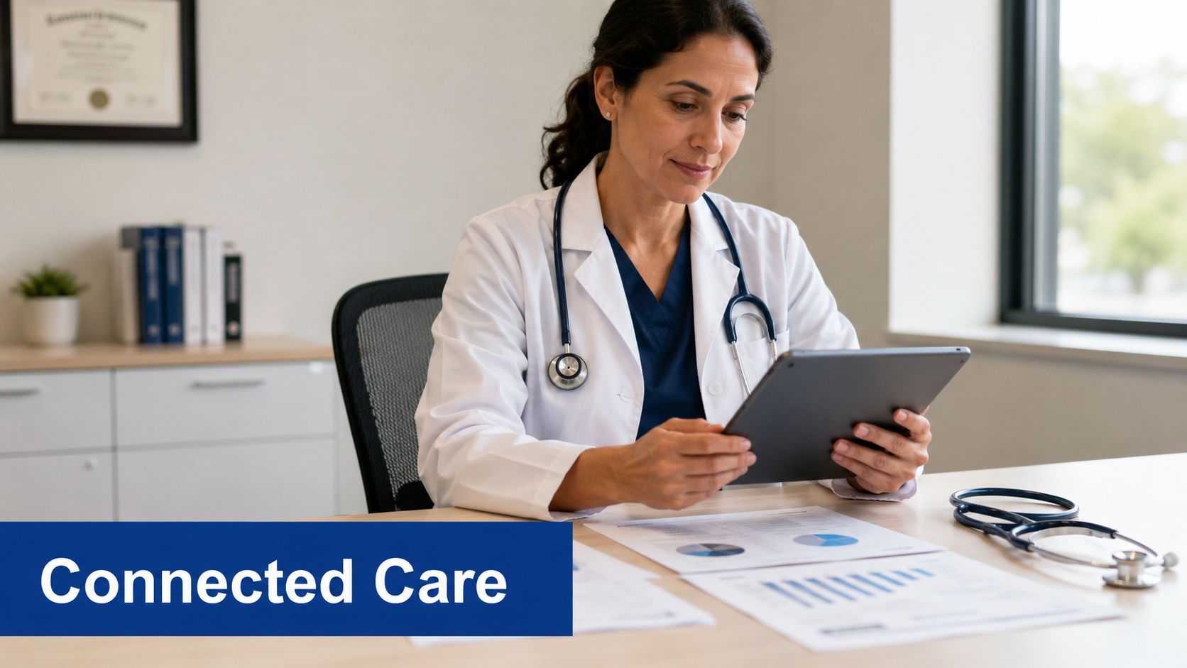 A female doctor in a white lab coat reviewing digital patient data on a tablet at her desk.