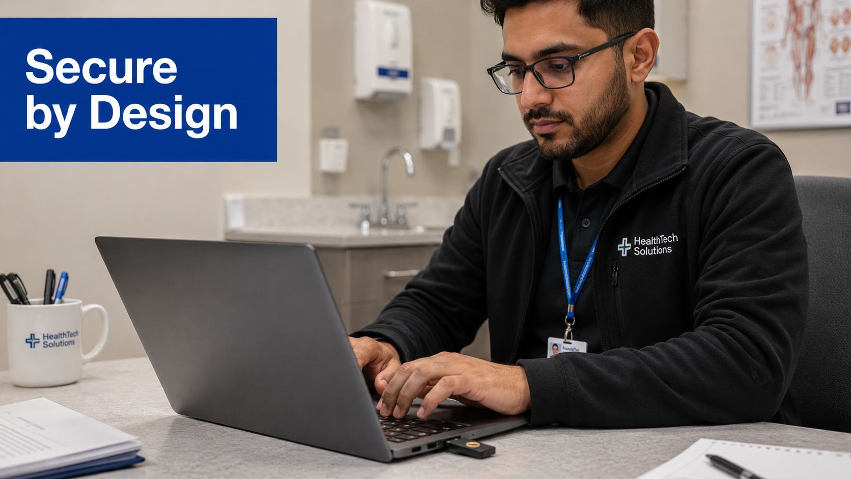 A professional man wearing a HealthTech Solutions jacket uses a laptop in a modern clinical office.