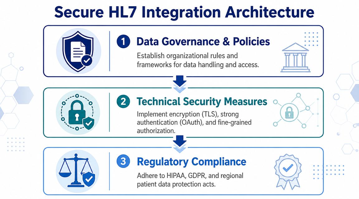 A diagram illustrating the three key pillars of a secure HL7 integration architecture for healthcare data exchange.