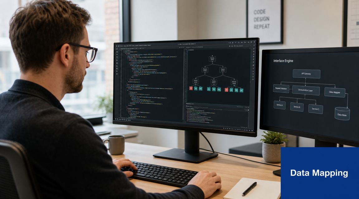 A professional software developer working on HL7 interface development using dual monitors in a bright office environment.