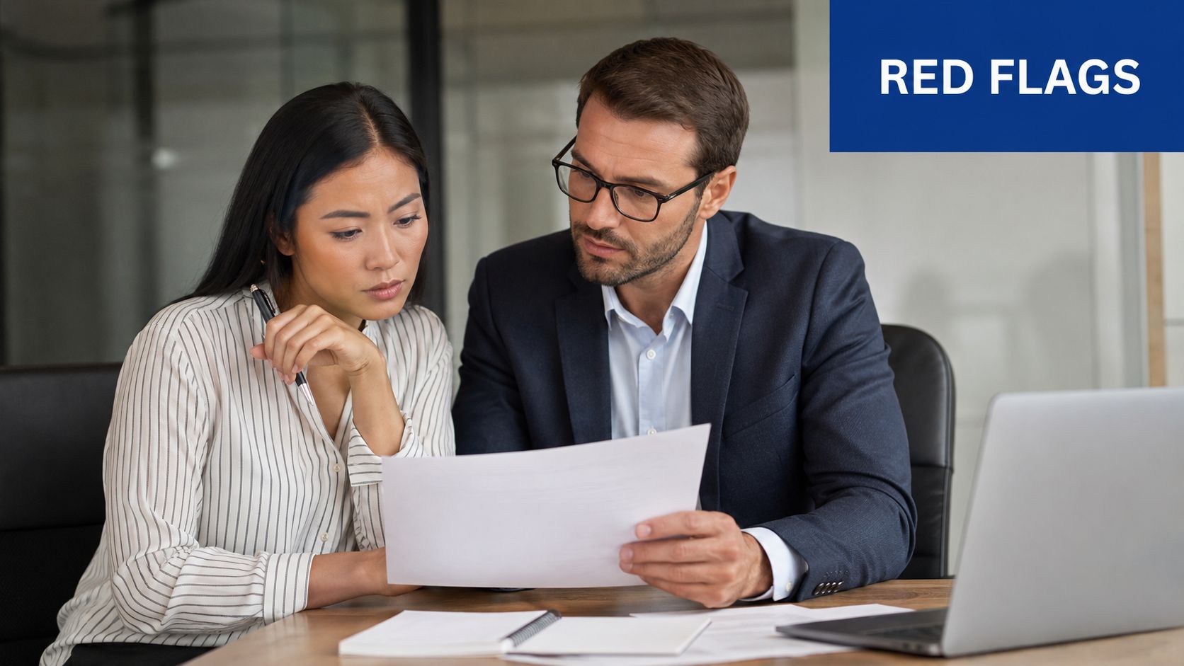 A professional woman and a man in a business suit reviewing financial documents together in an office.