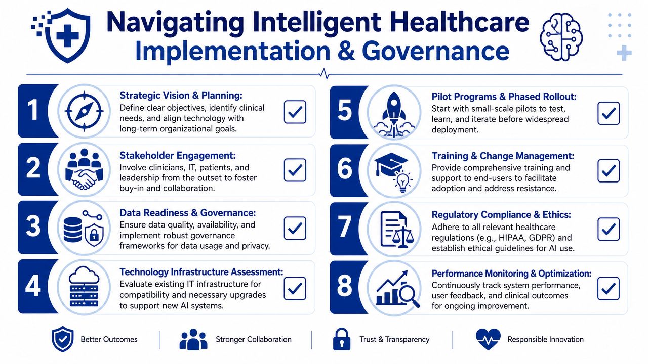 A professional infographic outlining eight key steps for the successful implementation and governance of intelligent healthcare systems.