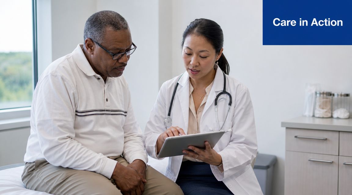 A female doctor in a white coat shows medical data on a tablet to an older patient.