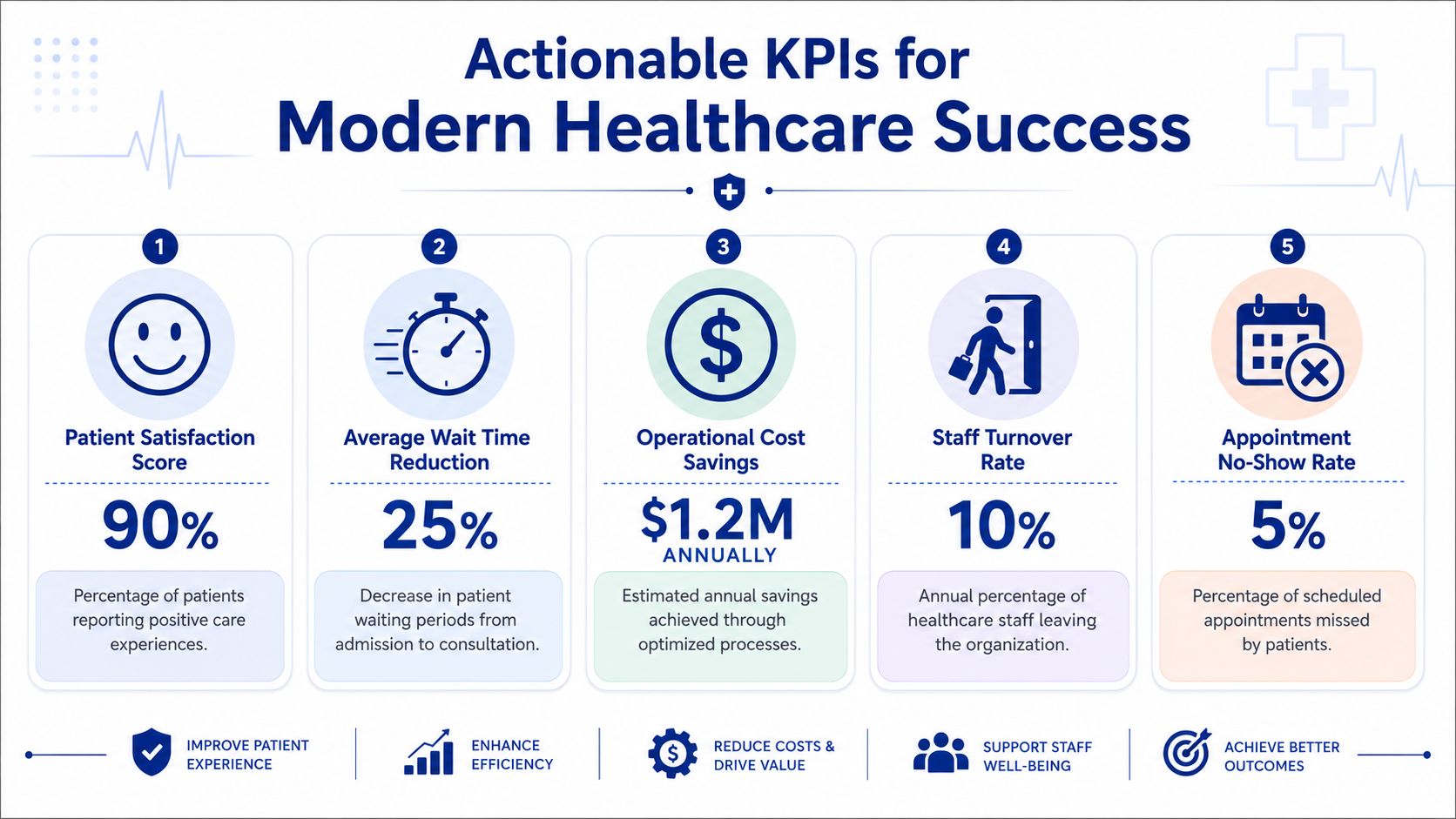 An infographic showing five actionable key performance indicators for measuring modern healthcare success and organizational performance improvement.