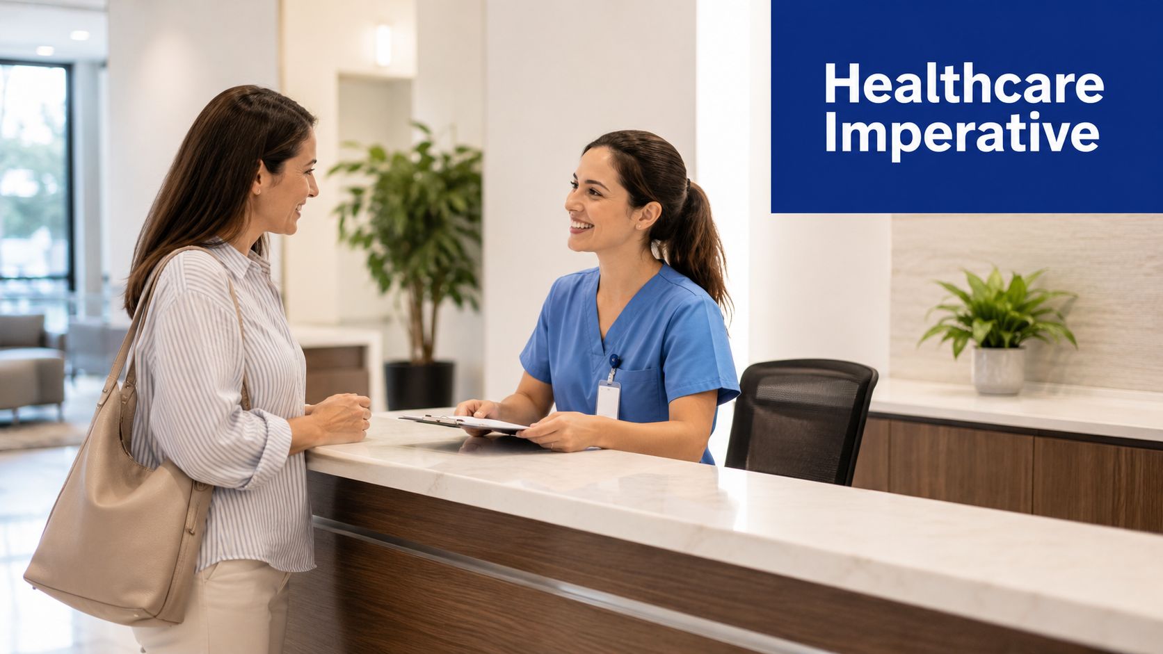 A friendly medical receptionist in blue scrubs assisting a female patient at a modern medical office counter.