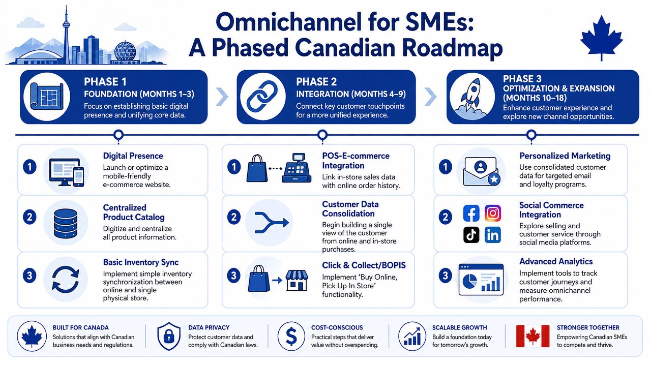 A phased three-step roadmap for Canadian SMEs to implement effective omnichannel retail strategies and digital transformation.