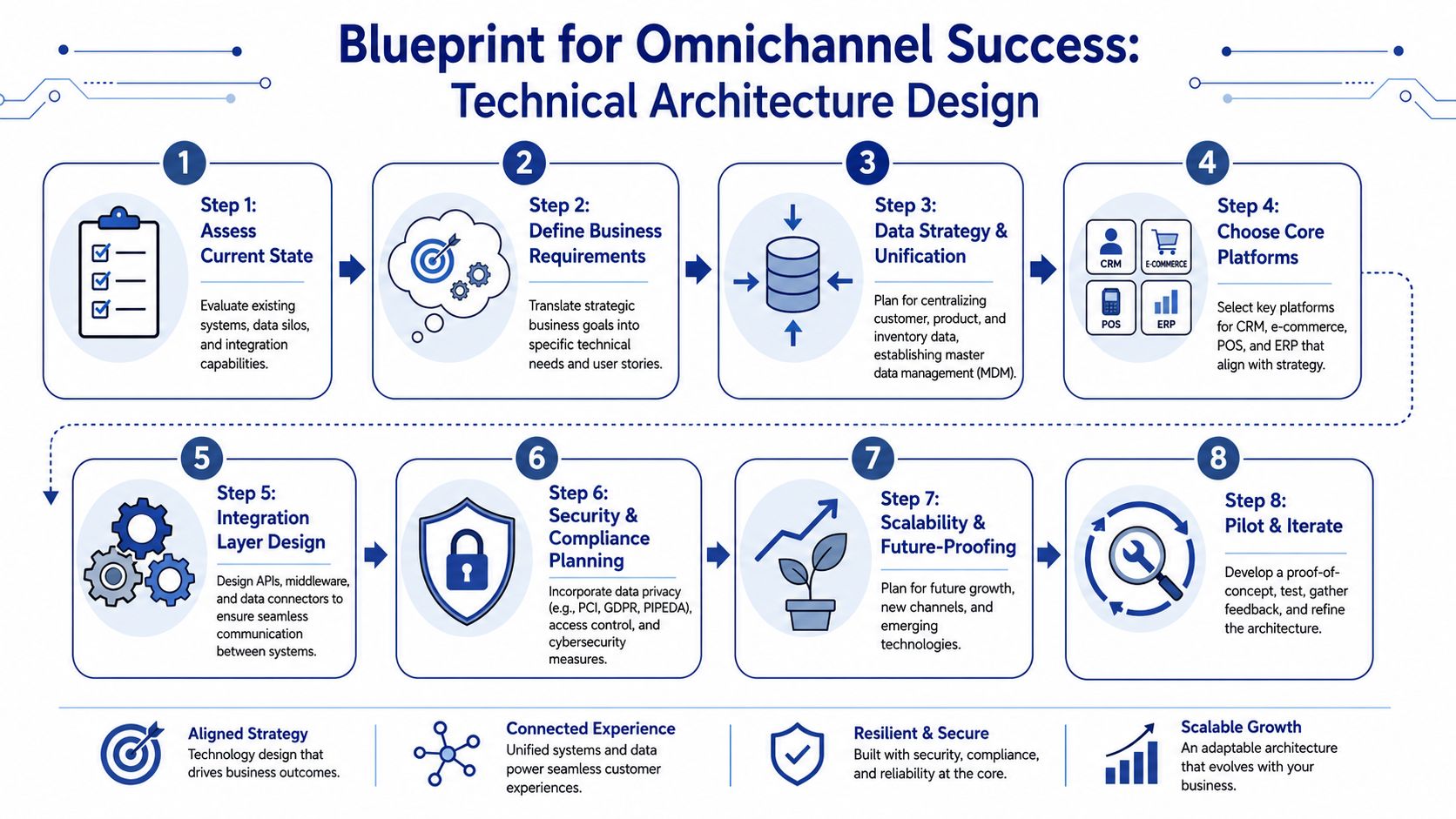 An eight-step infographic titled Blueprint for Omnichannel Success detailing technical architecture design for business systems.
