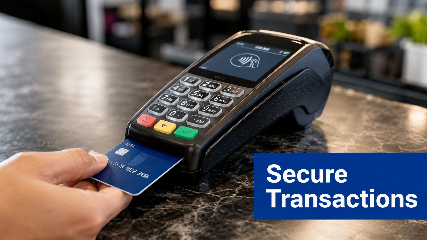 A hand inserts a blue credit card into a black payment terminal on a marble countertop.