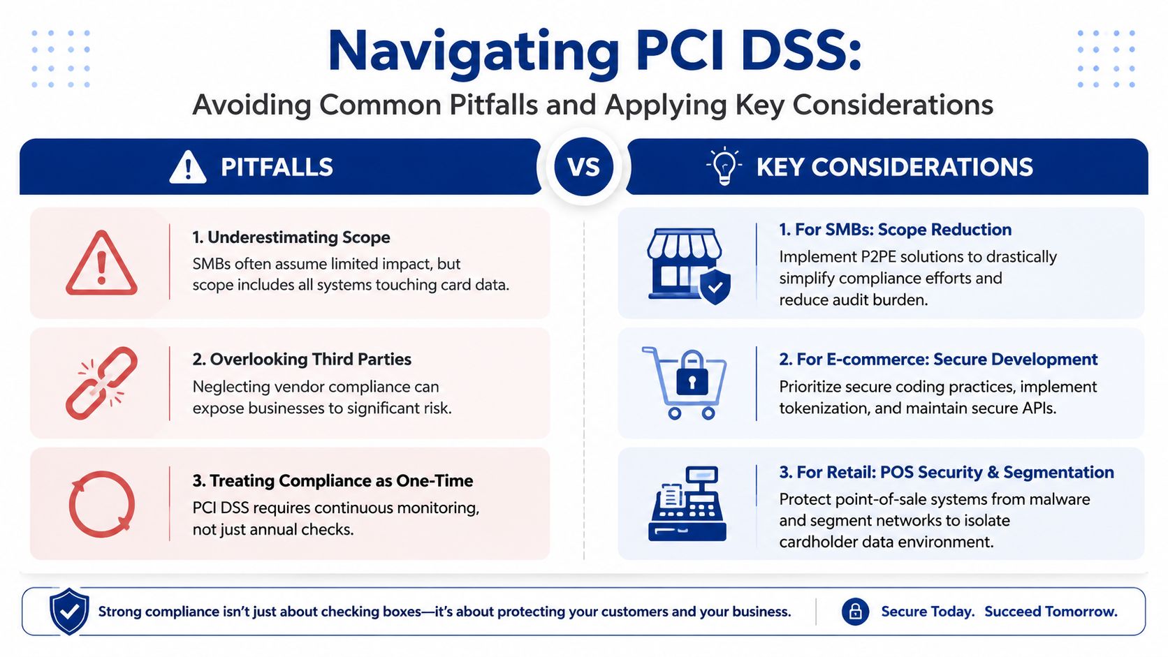 An infographic comparing common PCI DSS compliance pitfalls and key strategic considerations for businesses.