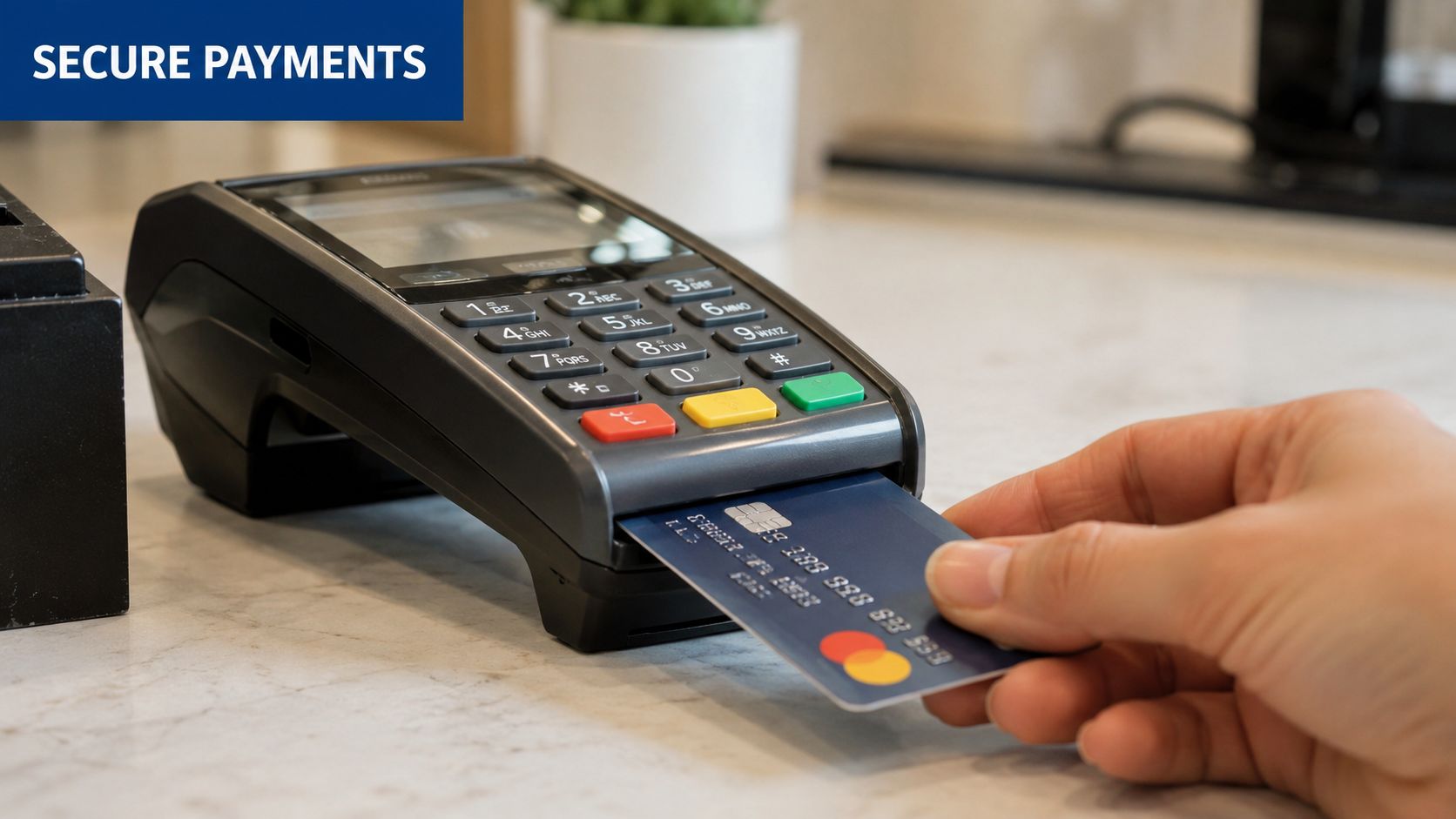 A hand inserting a credit card into a payment terminal on a marble countertop for secure processing.