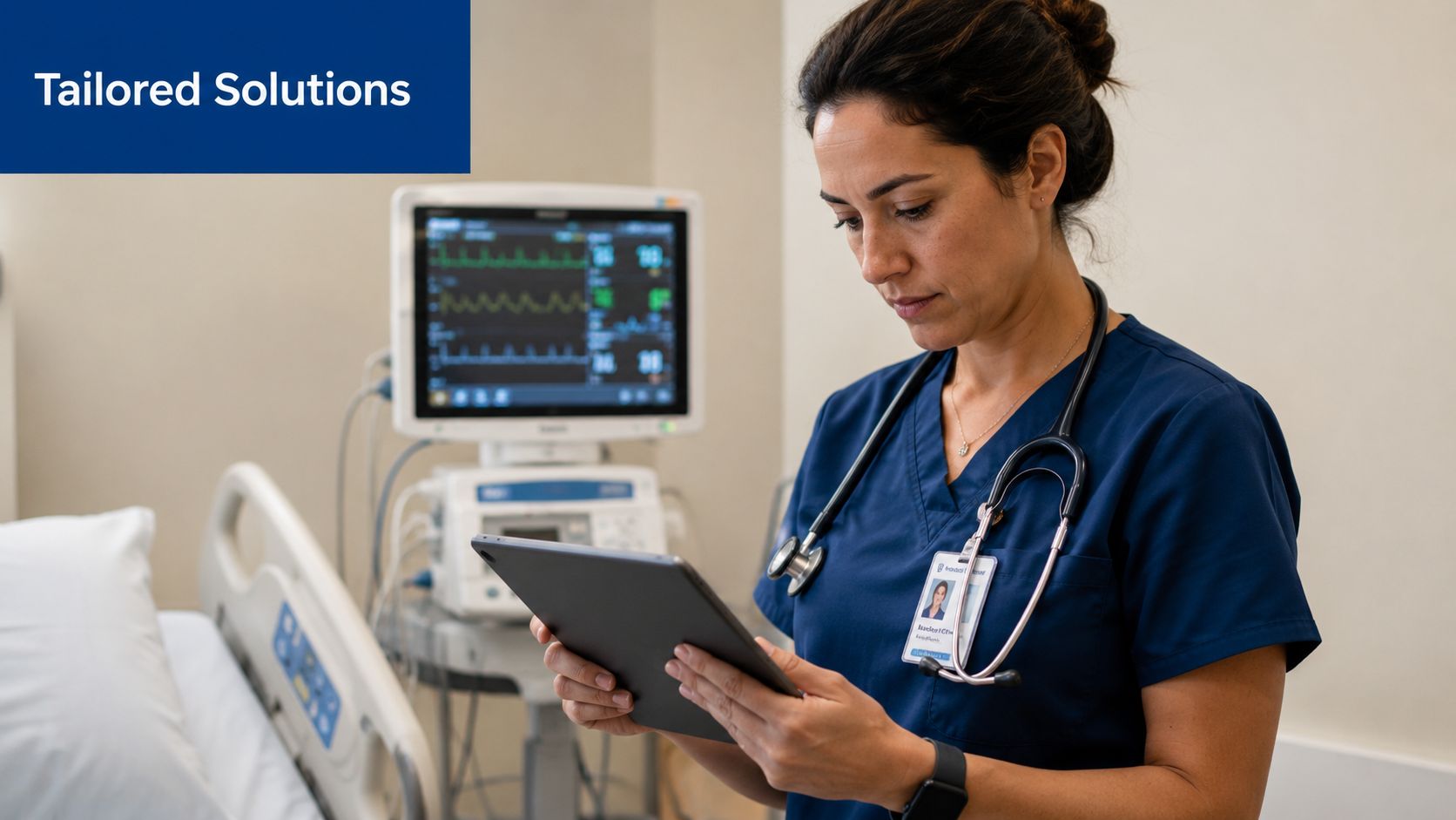 A focused healthcare professional reviewing medical data on a tablet in a modern hospital room setting.