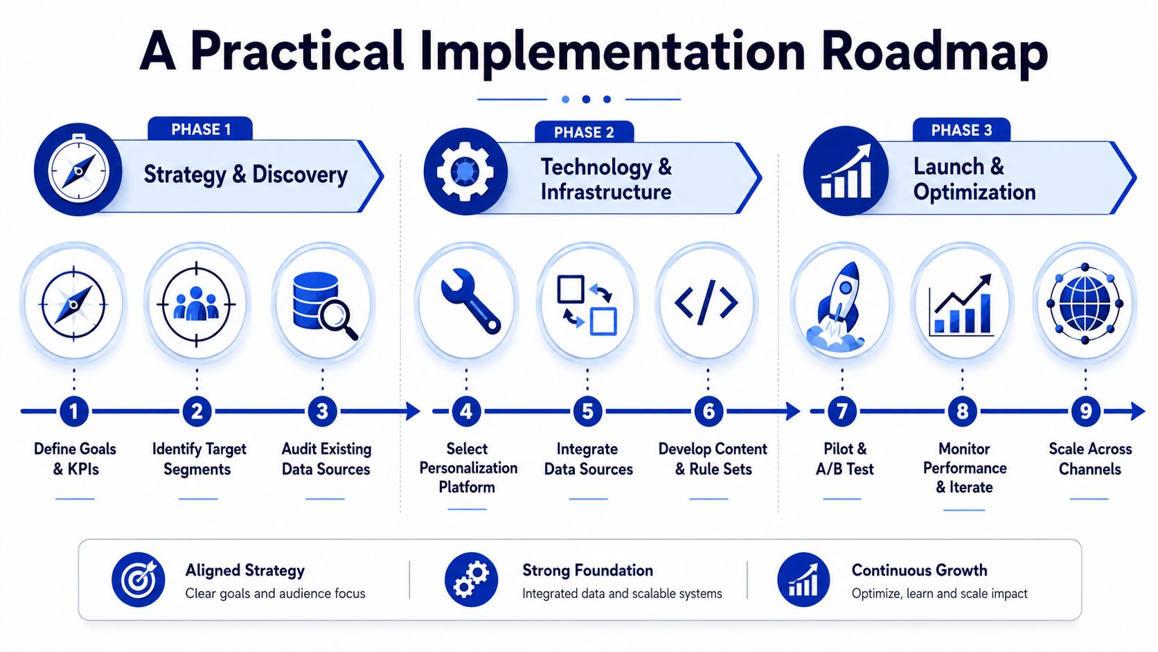 A nine-step infographic diagram titled A Practical Implementation Roadmap for business strategy and personalization.