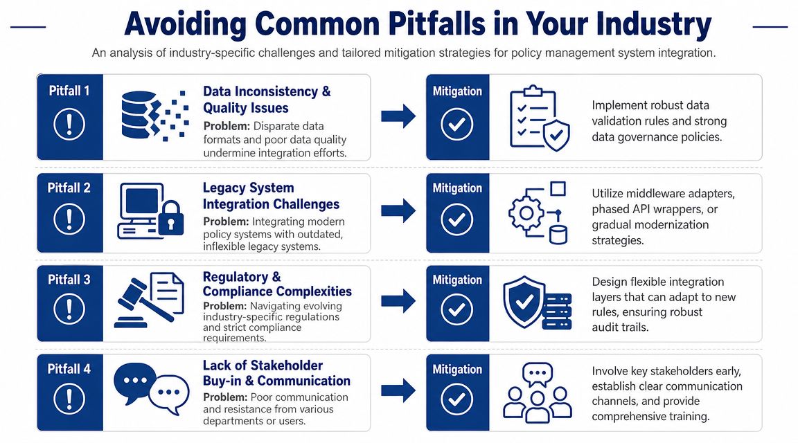 A structured infographic illustrating common pitfalls in policy management system integration alongside their specific mitigation strategies.