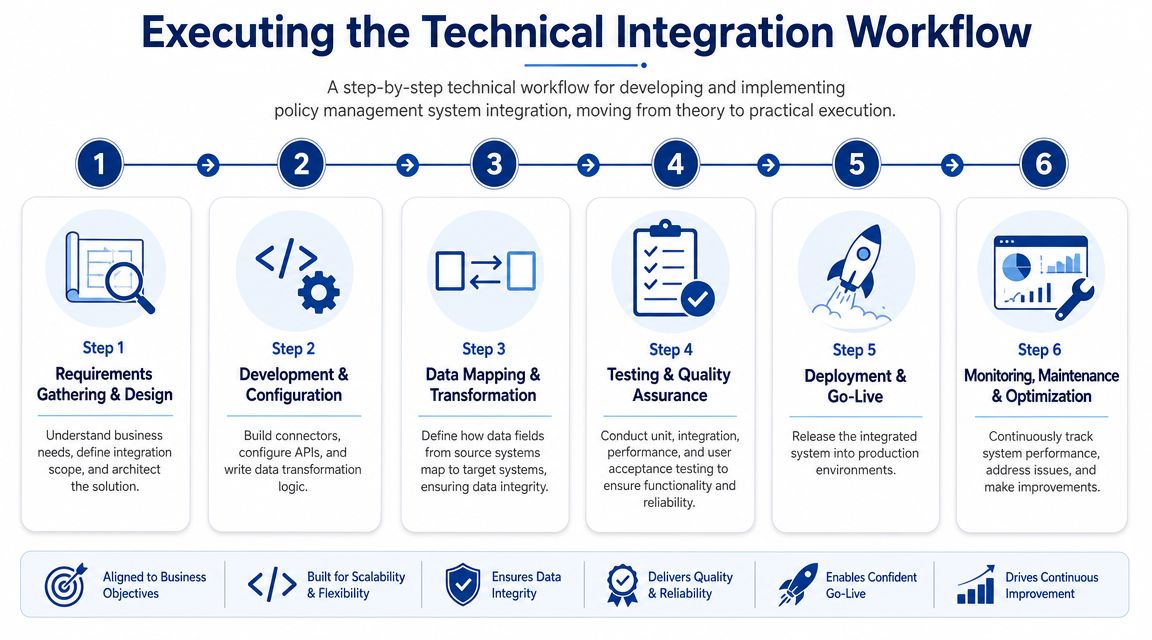 A six-step workflow diagram illustrating the technical integration process for a policy management system.