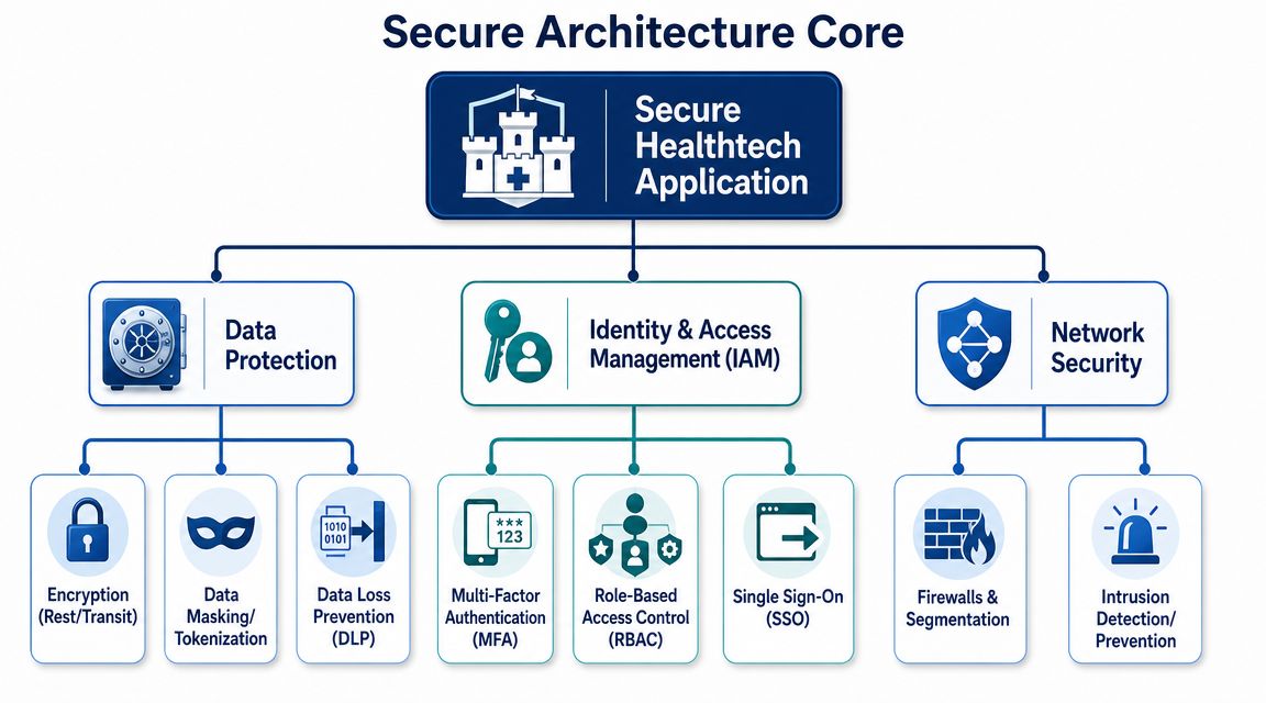 A diagram illustrating the secure architecture core for healthtech applications, highlighting data protection, identity management, and network security.
