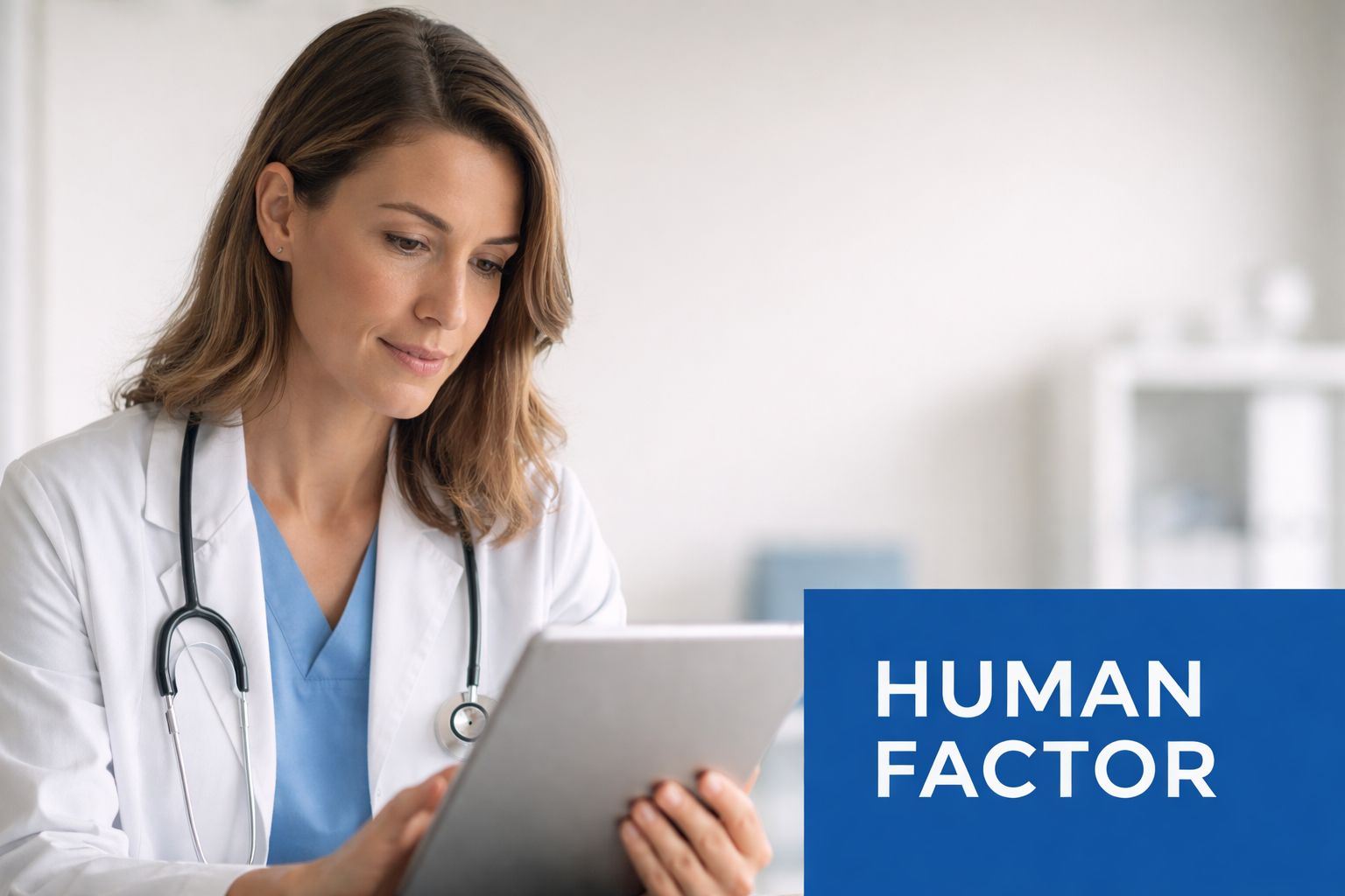 A female doctor in a white lab coat using a digital tablet in a medical office setting.