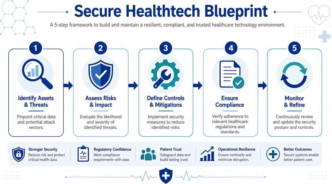 A five-step framework diagram for building a secure, compliant, and trusted healthcare technology environment.