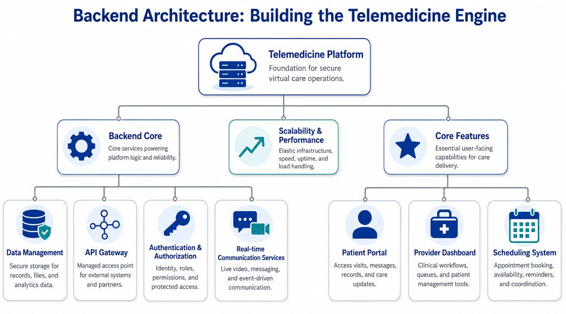 A diagram illustrating the backend architecture of a telemedicine platform, including core services, scalability, and essential features.