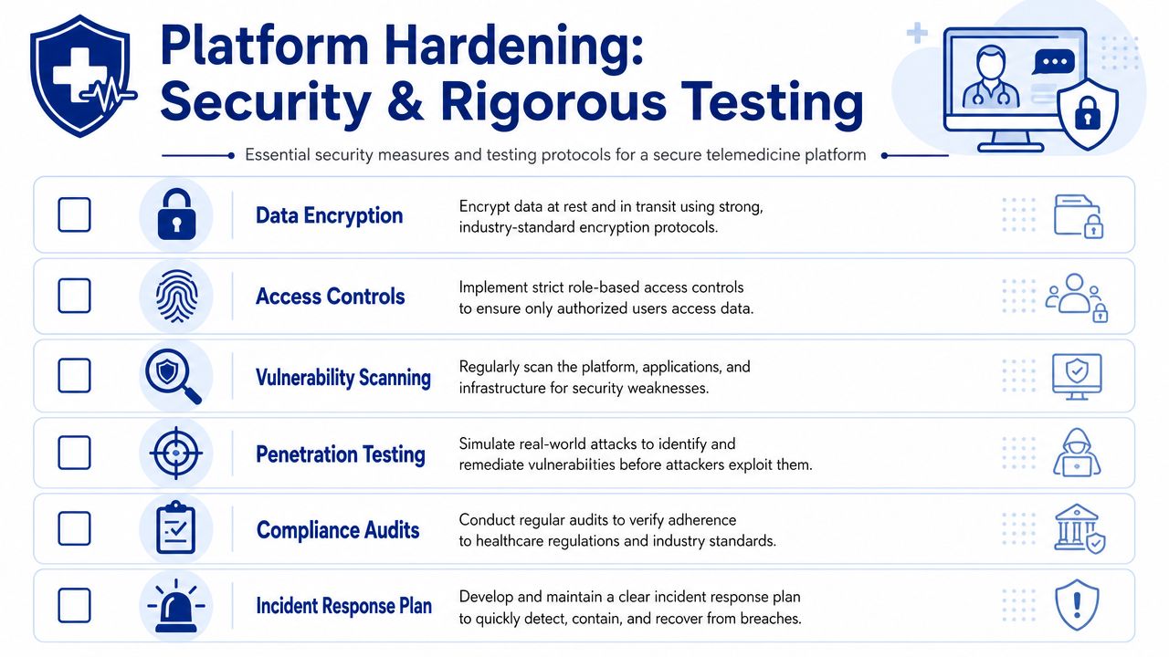 A checklist infographic outlining essential security measures and testing protocols for a secure telemedicine platform hardening.