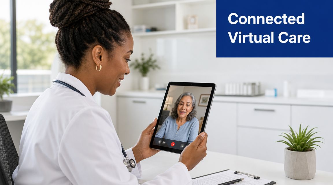 A female doctor in a white coat conducting a virtual consultation with a patient via tablet.
