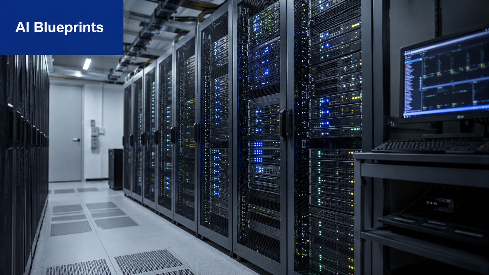 A modern data center featuring rows of server racks with blinking blue lights and a monitoring computer terminal.