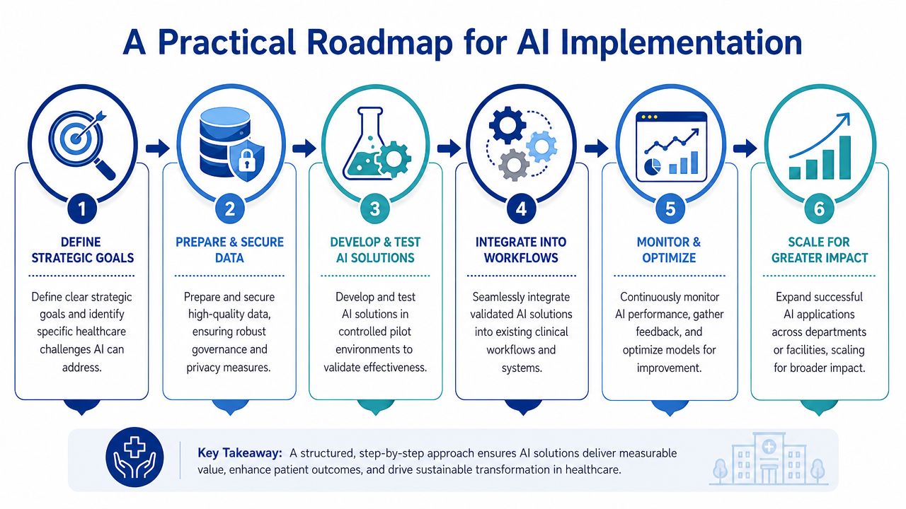 A six-step roadmap for implementing AI solutions in healthcare, ranging from strategic goals to scaling.