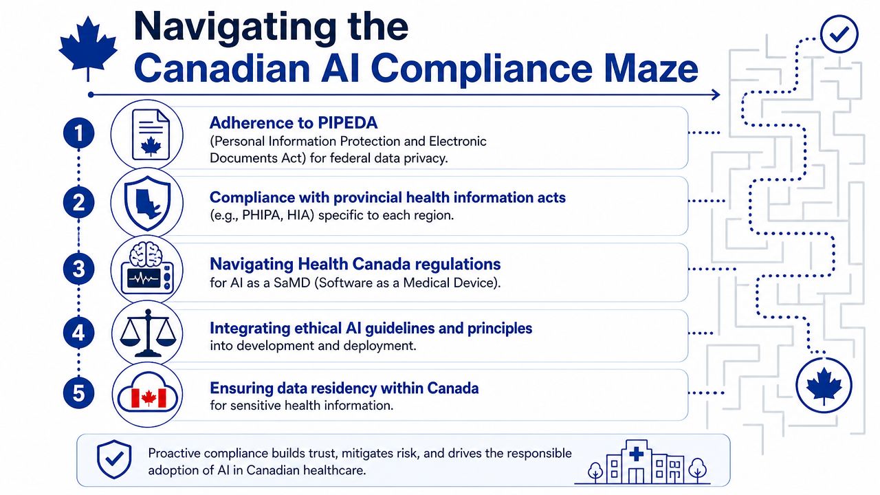 A visual guide outlining the five key compliance steps for adopting AI in the Canadian healthcare industry.