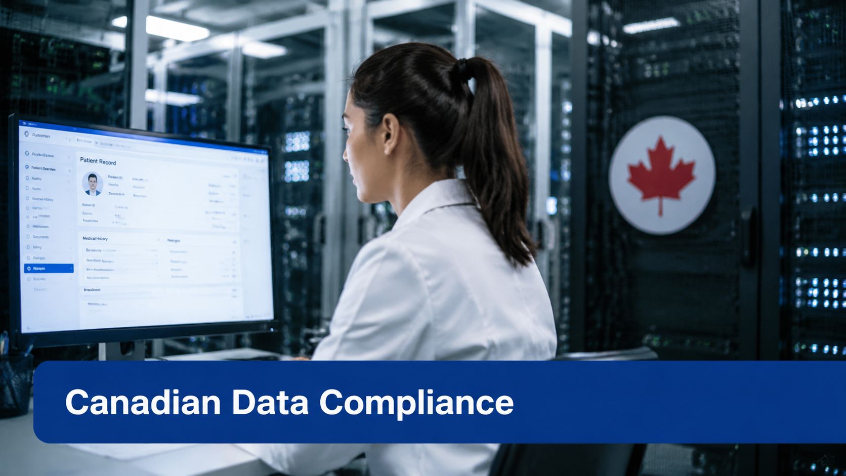 A scientist in a white coat monitors medical data on a computer screen in a Canadian data center.