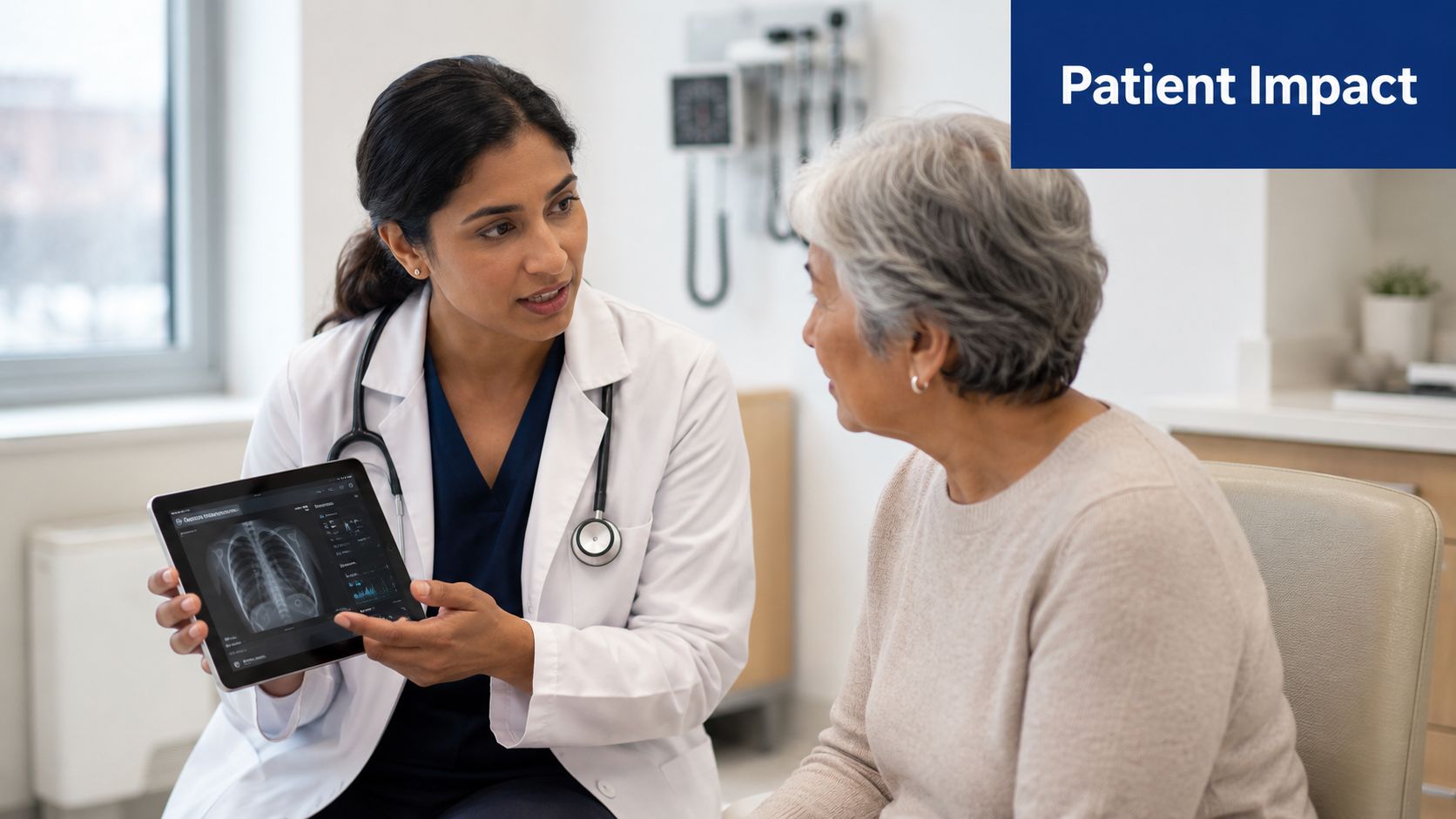 A female doctor discusses a chest X-ray on a digital tablet with her elderly female patient.