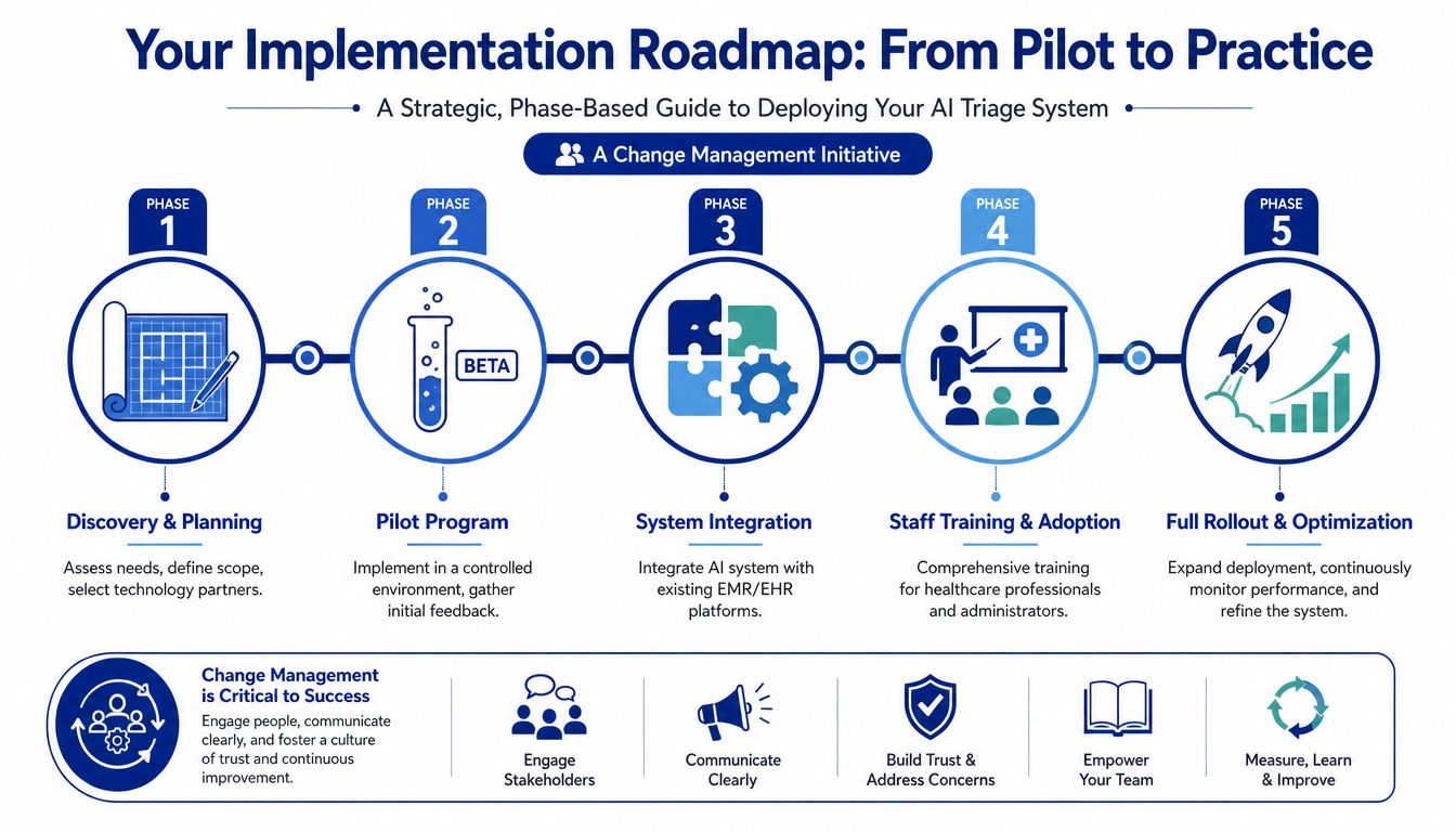A five-phase implementation roadmap for deploying AI-powered patient triage systems with change management strategies.