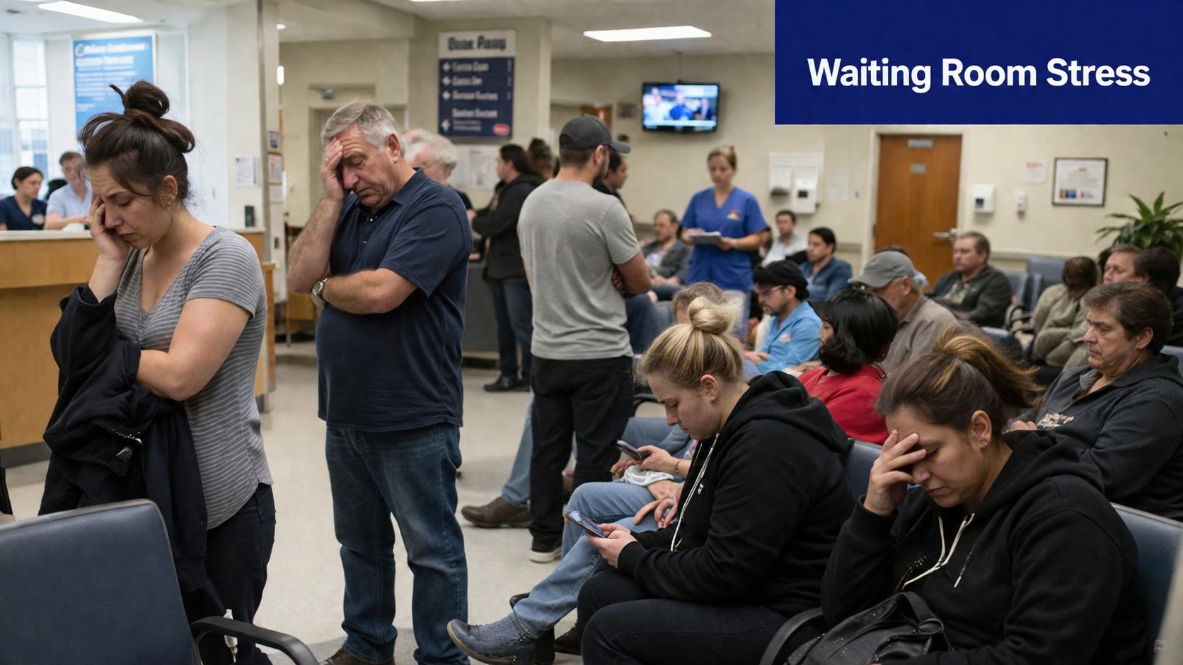 A crowded hospital waiting room filled with stressed and exhausted people waiting for medical assistance.