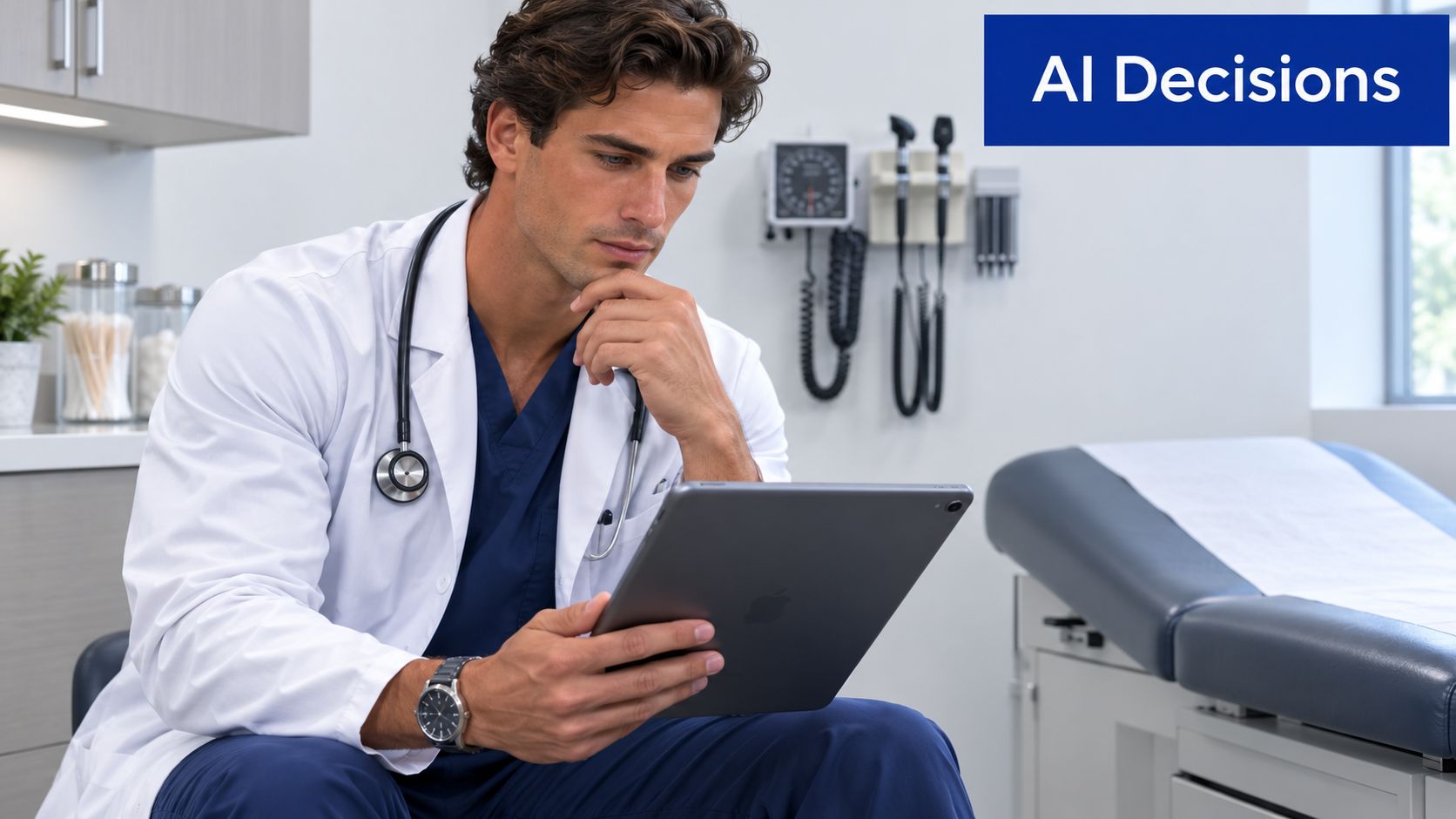 A focused male doctor in a white lab coat sitting and looking at a tablet in a clinic.