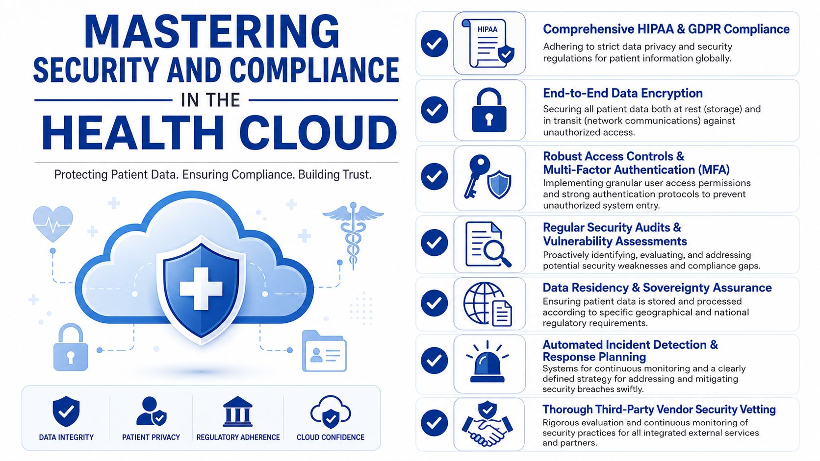 An infographic detailing security and compliance standards for protecting patient data within health cloud computing systems.