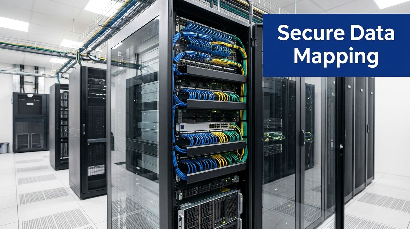 A view of a modern server room filled with black server racks and organized networking cables.