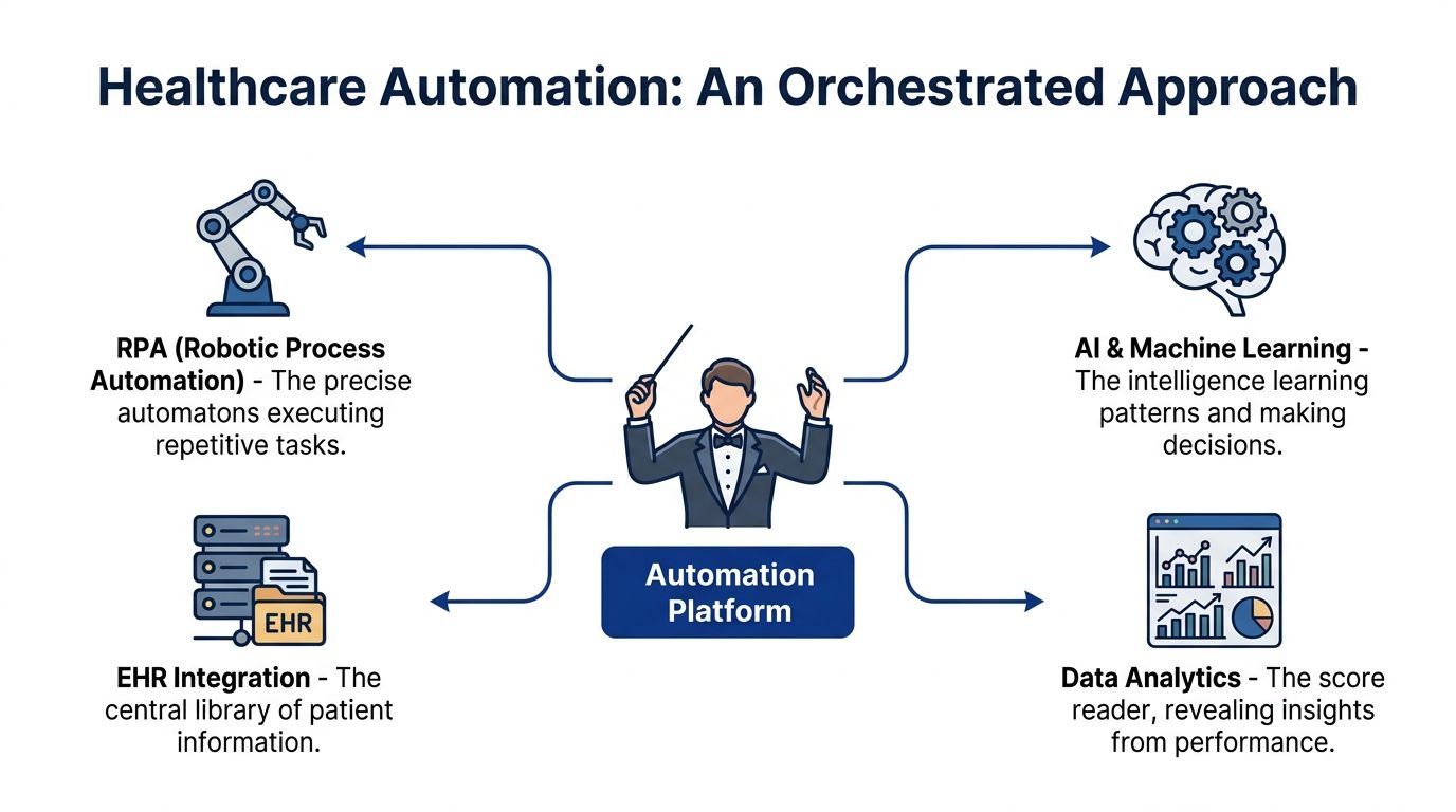 A diagram illustrating healthcare automation orchestrated by a central platform connecting RPA, AI, EHR, and analytics.