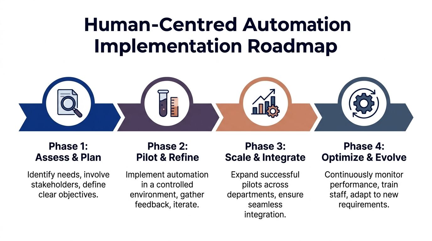 A four-phase roadmap diagram for implementing human-centred automation strategies in a business environment.