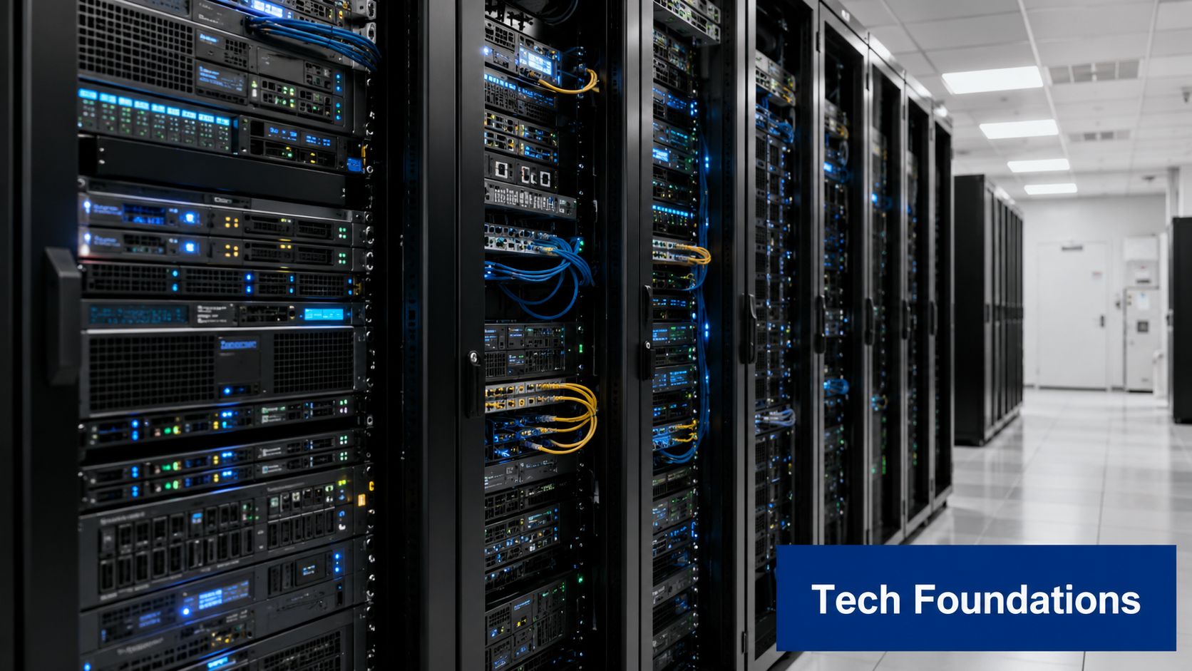 Rows of high-performance server racks housed in a modern, climate-controlled professional data center facility.