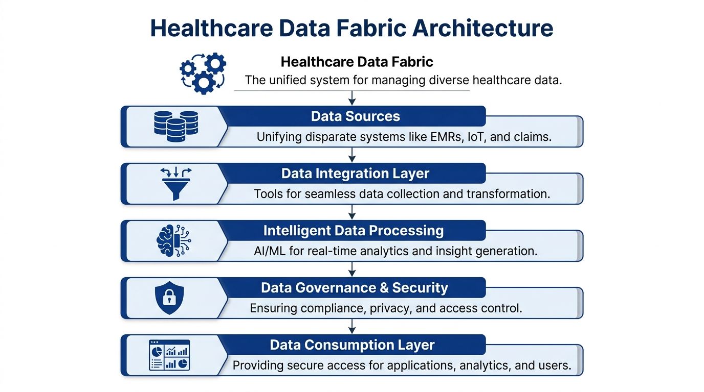A flowchart diagram illustrating the layered architecture of a healthcare data fabric system for unified data management.