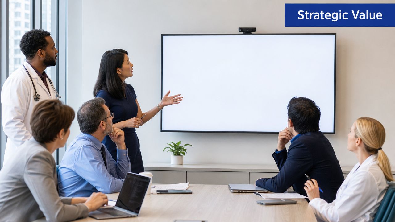 A diverse group of professionals and healthcare providers having a business meeting in a modern office boardroom.