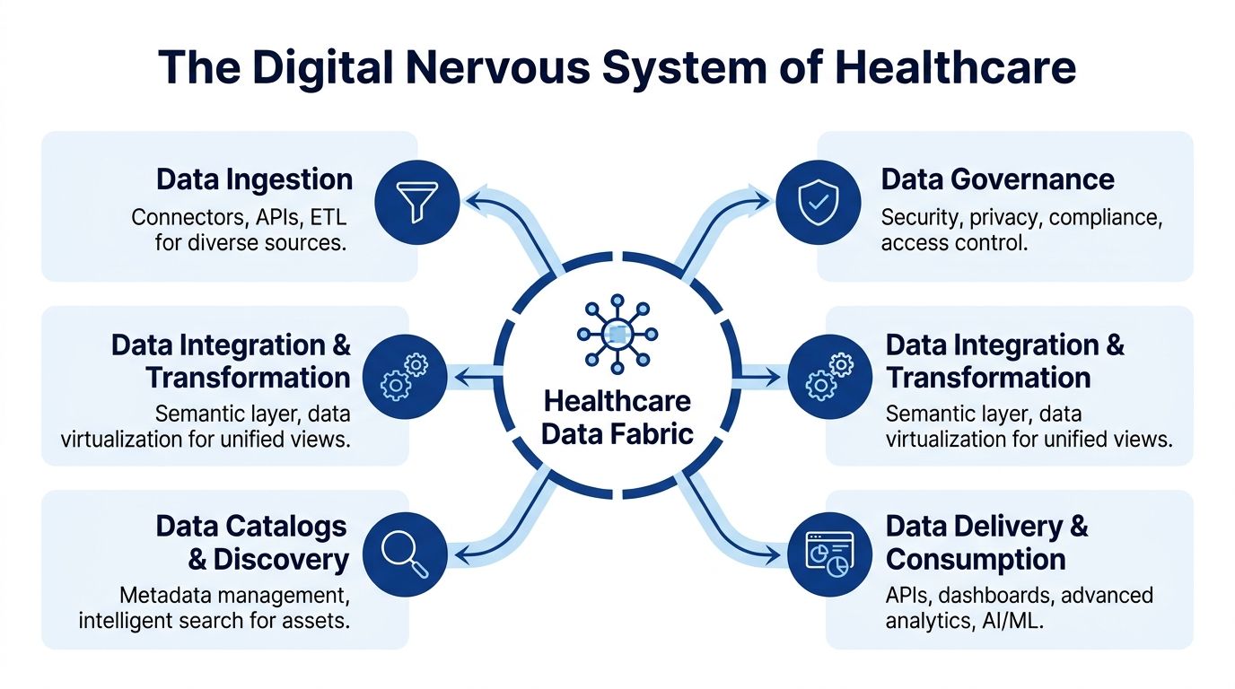 A diagram illustrating the Healthcare Data Fabric as the central nervous system for managing health data.