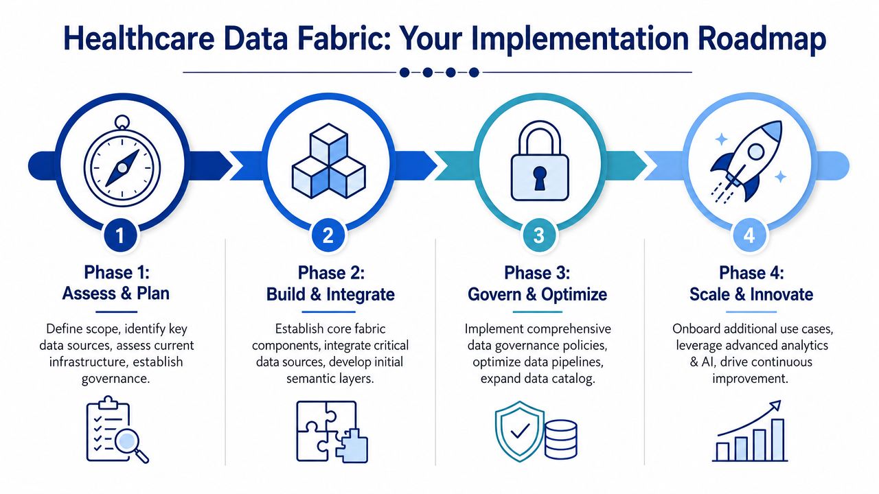 A four-phase implementation roadmap infographic for building a comprehensive healthcare data fabric system.
