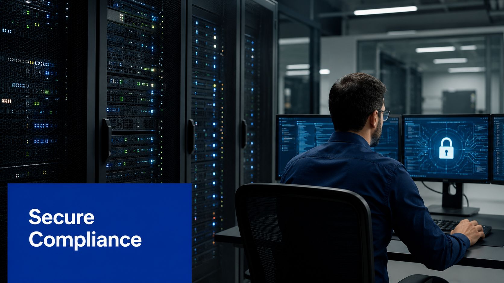 A professional IT specialist working on data security compliance in a modern server room environment.