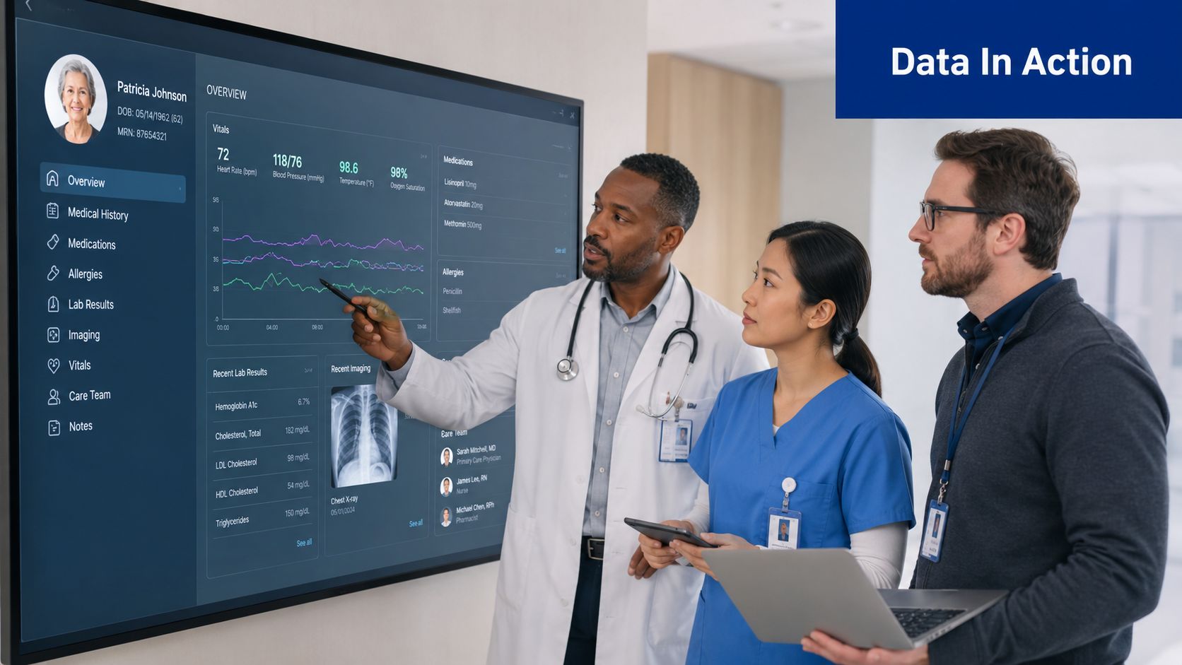 A diverse medical team reviews patient health analytics on a large interactive digital monitor screen.