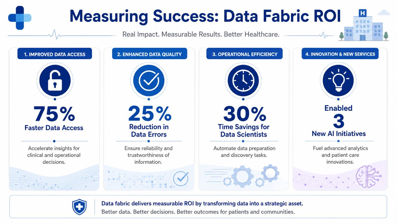 An infographic showing the return on investment metrics for implementing a healthcare data fabric solution.