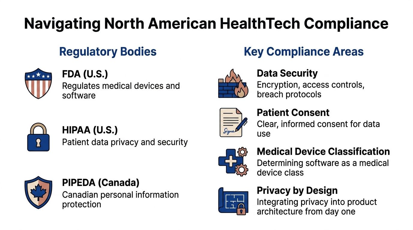 A visual guide summarizing regulatory bodies and compliance areas for healthtech products in North America.